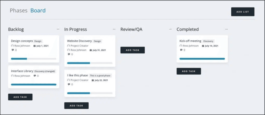 Project management dashboard with task columns and progress.